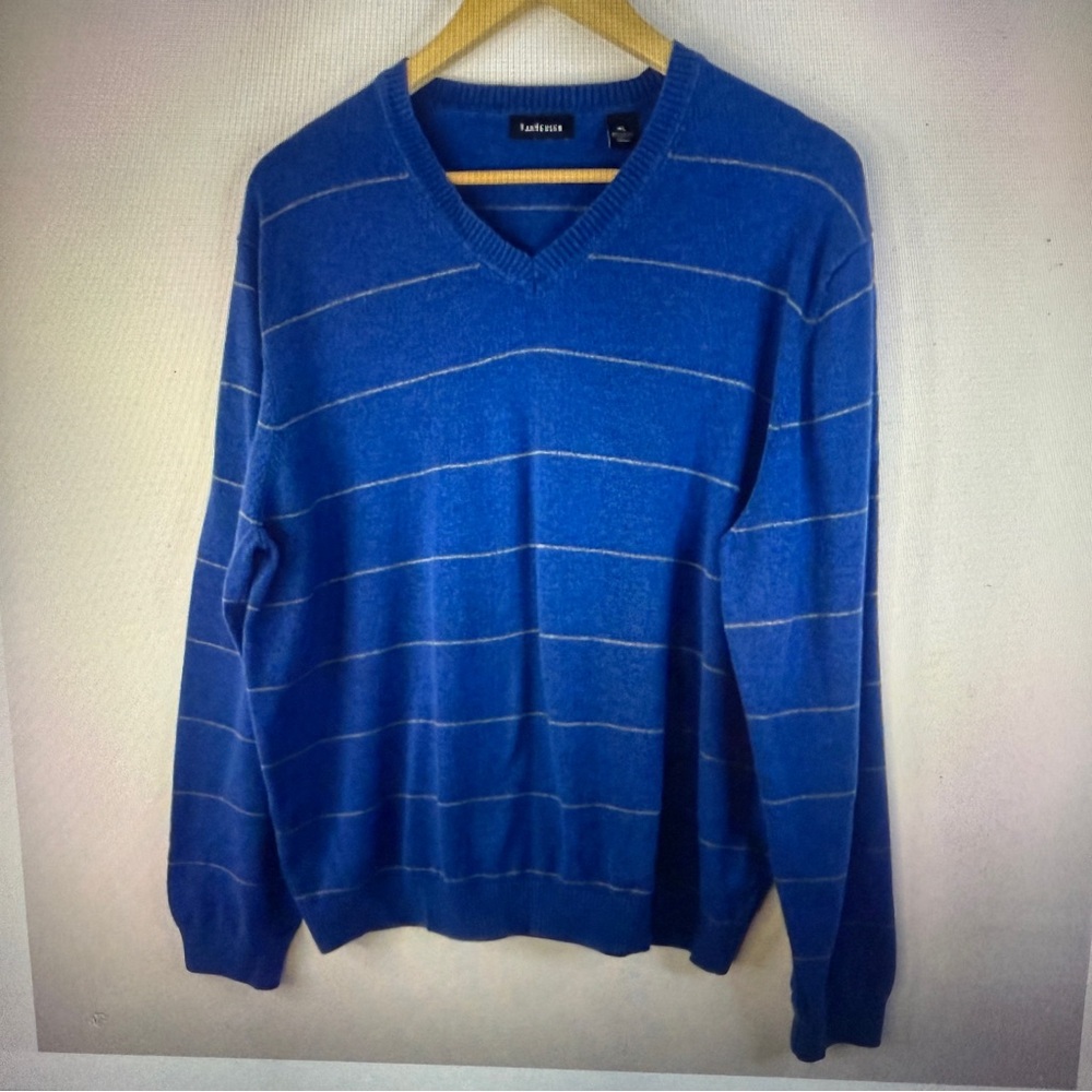VAN HEUSEN Men Blue Striped Pullover V Neck Long Sleeve Size XL
